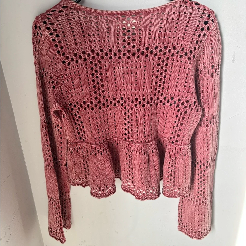 Lucky Brand Open Stitch Peplum Long Bell Sleeve Sweater Top Crochet style Small - Picture 3 of 6